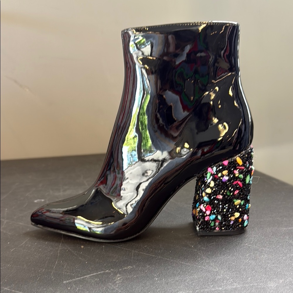 Besty Johnson Black Patent Leather Ankle Boots with Embellished Heel NWOT